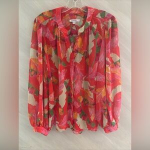 Chico’s 2 (L) Multicolor Foliage Print Split Neck Long Sleeve Blouse Artsy